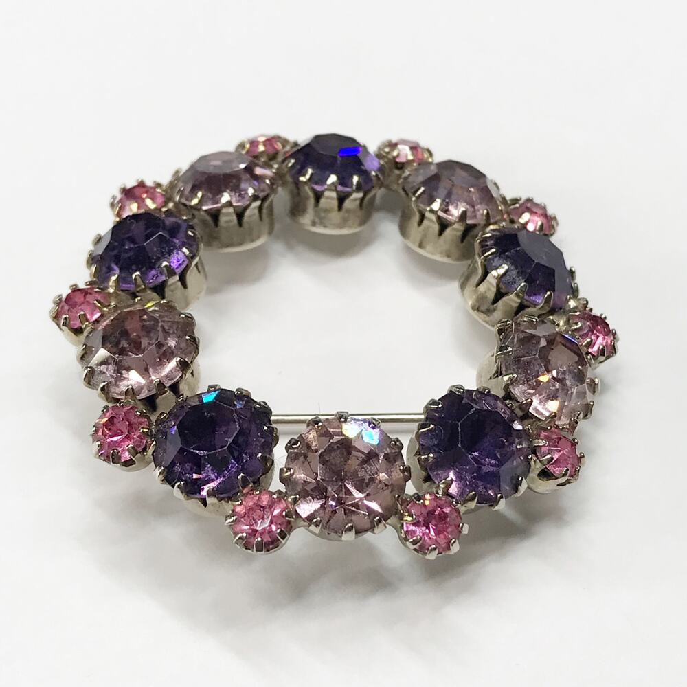 VTG Rhodium Plated Pastel Pink Purple Amethyst Brooch Rhinestones Silver Tone - Picture 11 of 12